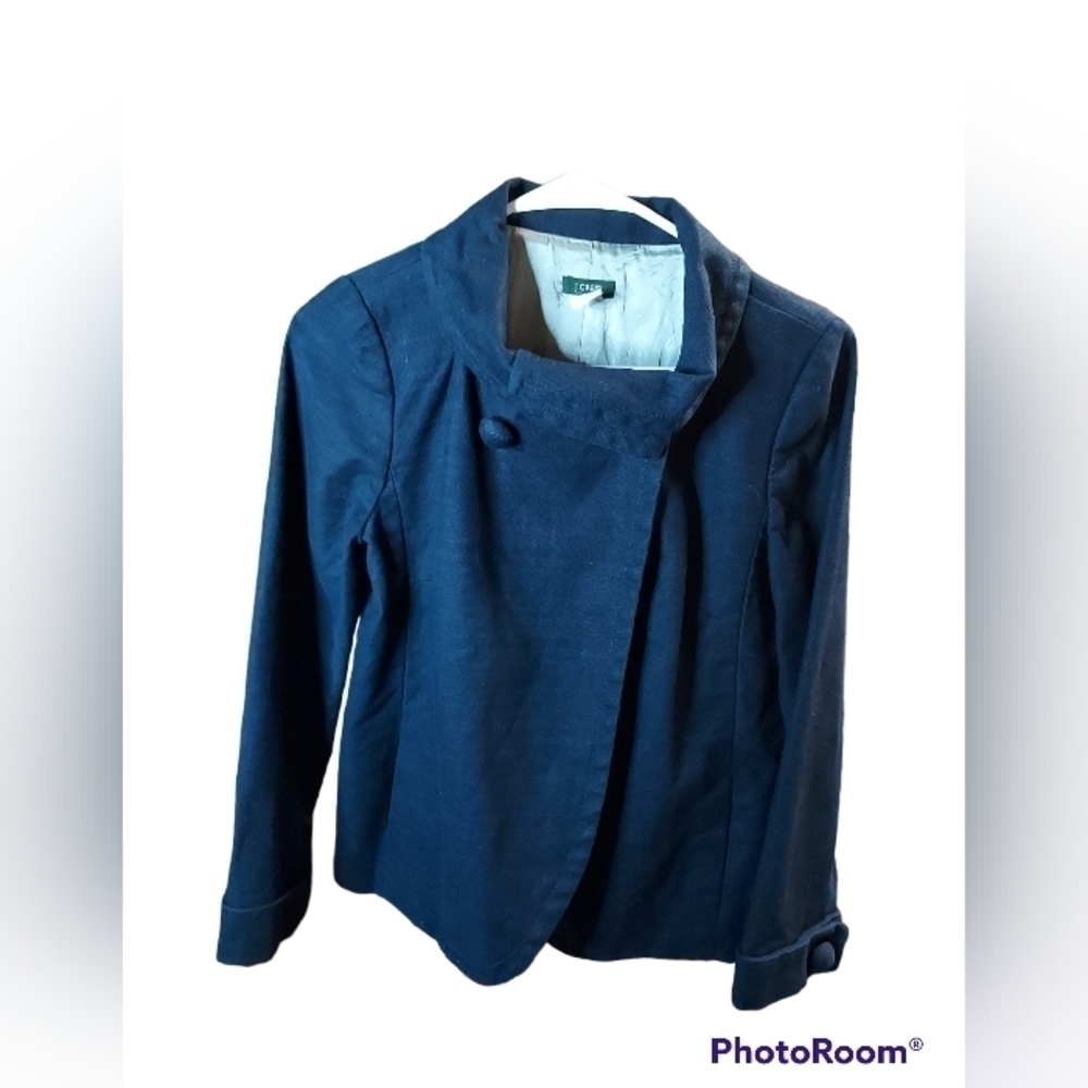 J.Crew ottoman Aubrey swing jacket closes 2 large button at neck lined navy